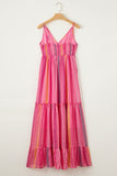 Pink Tribal Tassel Tie V Neck Surplice Maxi Dress
