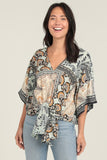 Gina V Neck Kimono Sleeve Tie Waist Printed Top