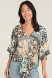 Gina V Neck Kimono Sleeve Tie Waist Printed Top