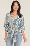 Jerri V Neck Kimono Sleeve Tie Waist Printed Top