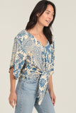 Jerri V Neck Kimono Sleeve Tie Waist Printed Top