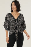 Talia V Neck Kimono Sleeve Tie Waist Printed Top