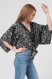 Talia V Neck Kimono Sleeve Tie Waist Printed Top