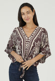 Jayla V Neck Kimono Sleeve Tie Waist Printed Top