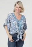 Jerri V Neck Kimono Sleeve Tie Waist Printed Top