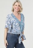 Jerri V Neck Kimono Sleeve Tie Waist Printed Top
