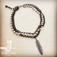 Triple Strand Pearl and Chain Necklace w/ Feather Charm
