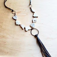 White Turquoise Chunky Necklace with Long Leather Tassel